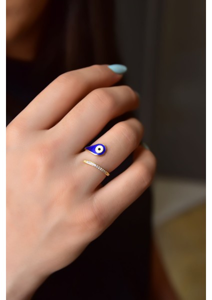 925 Ayar Gümüş Gold Kaplama Ayarlanabilir Zirkon Taşlı, Damla Mineli Nazar Göz Yüzük