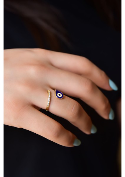 925 Ayar Gümüş Gold Kaplama Ayarlanabilir Zirkon Taşlı, Damla Mineli Nazar Göz Yüzük fiyatları