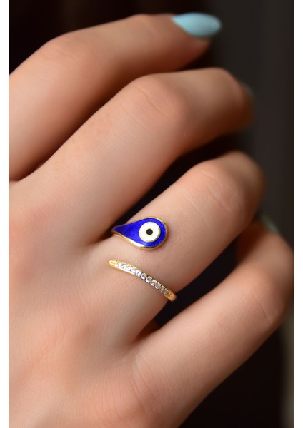 925 Ayar Gümüş Gold Kaplama Ayarlanabilir Zirkon Taşlı, Damla Mineli Nazar Göz Yüzük modelleri