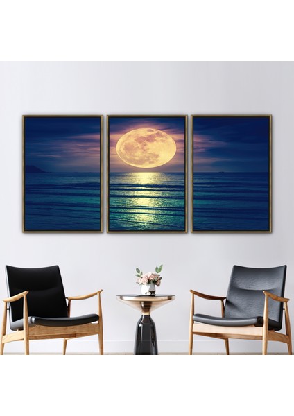 3 Parçalı Gold Çerçeveli Kanvas Tablo Plaj Manzarası Hediye Kanvas Süper Ay.manzara Duvar Dekoru