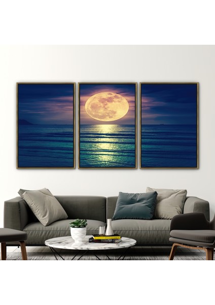 3 Parçalı Gold Çerçeveli Kanvas Tablo Plaj Manzarası Hediye Kanvas Süper Ay.manzara Duvar Dekoru fiyatları