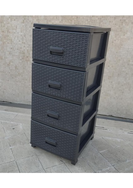 Büyük Boy 4 Çekmeceli Tekerlekli Komidin Siyah Raddan Hasır Örgülü Yükseklik 93CM 43X38 Demonte Raf