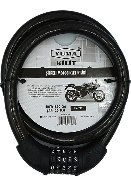 Yuma Motorsiklet Kilidi 5 Şifreli Siyah ( Boy : 120CM-ÇAP : 20MM )