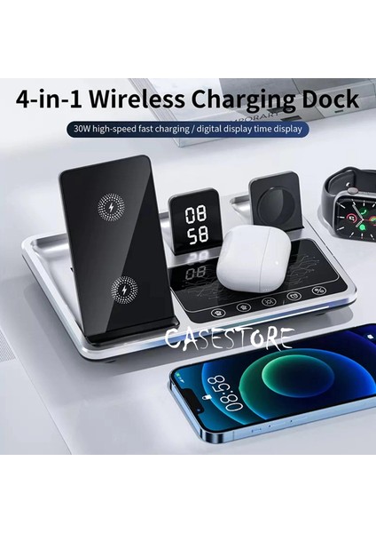 MTK Moveteck iPhone Watch Magsafe Airpods 4in1 Şarj Istasyon Qc Speed Dock Stand Clock Gece Lambalı Dijital Saat Göstergeli Kablosuz Hızlı Şarj Istasyonu Metal Görünümlü