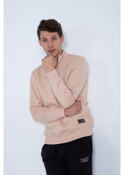Erkek Açık Kahverengi Yarım Balıkçı Yaka Fermuarlı Içi Yumuşak Tüylü Sweatshirt RF0209 fırsatları