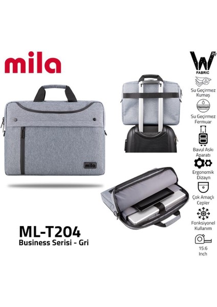 Mıla ML-T204 15.6"su Geçirmez Kumaş , Su Geçirmez Fermuar Laptop ,notebook Çantası-Gri