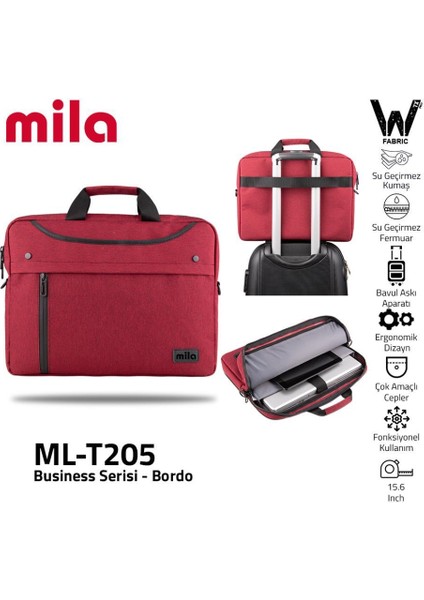 Mıla ML-T205 15.6"su Geçirmez Kumaş , Su Geçirmez Fermuar Laptop ,notebook Çantası-Bordo