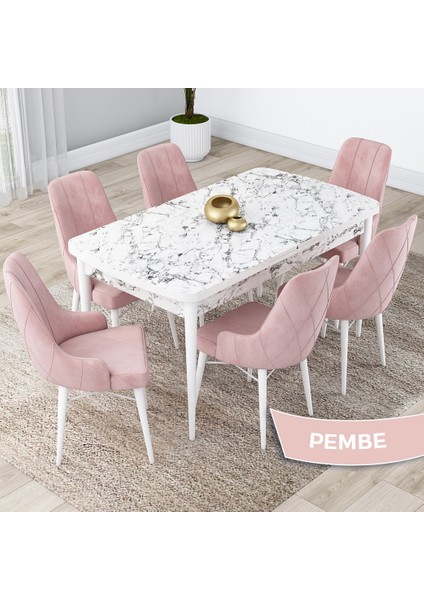 Concept Kar Serisi, Açılabilir 80X132 Mdf Mutfak Masa Takımı, Beyaz Mermer Desen Masa 6 Sandalye