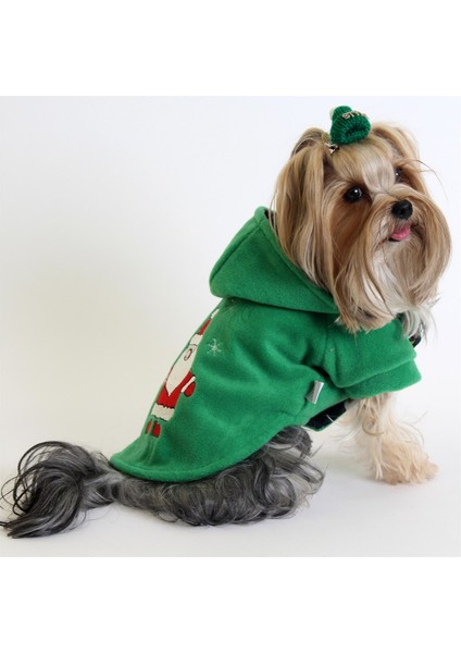 Noel Baba Nakışlı Astarlı Yeşil Pet Ceket Kedi Köpek Kıyafeti