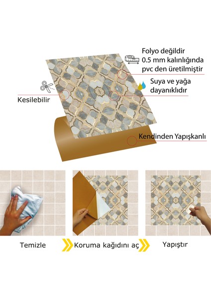 Kendinden Yapışkanlı Gold Çiçek Desenli Pvc Karo 30x30 cm 11 Adet 1m2