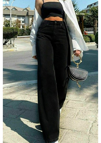 Solmayan Siyah Likralı Süper Yüksek Bel Salaş Jean Palazzo Pantolon. (Süper Yüksek.) Wide Leg.