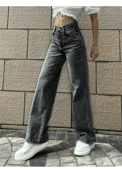 Kadın Füme Kar Yıkamalısüper Yüksek Belgeniş Paça Jean Likralı Salaş Kot Pantolon (Wide Leg) fırsatları