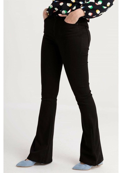 Kadın Siyah Solmayan Yüksel Bel Likralı Toparlayıcı Ispanyol Jeans Pantalon Harmony