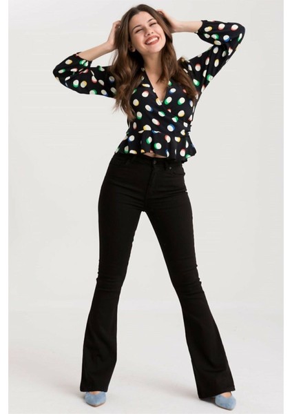 Kadın Siyah Solmayan Yüksel Bel Likralı Toparlayıcı Ispanyol Jeans Pantalon Harmony modelleri