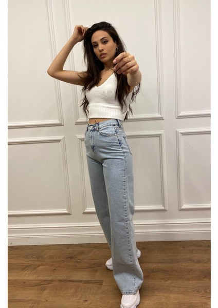 Extra Yüksek Bel Likralı Kar Yıkamalı Wide Leg Jean Geniş Paça Kot Pantolon