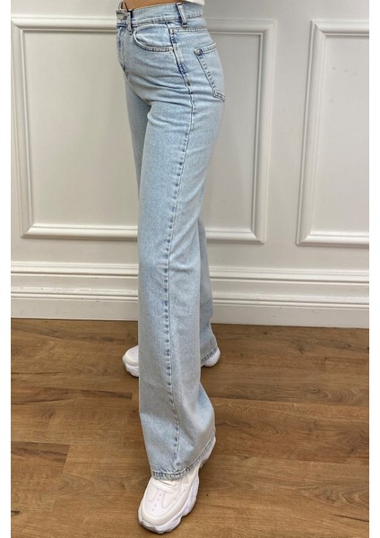 Extra Yüksek Bel Likralı Kar Yıkamalı Wide Leg Jean Geniş Paça Kot Pantolon
