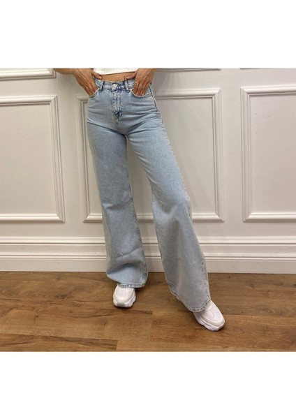 Extra Yüksek Bel Likralı Kar Yıkamalı Wide Leg Jean Geniş Paça Kot Pantolon
