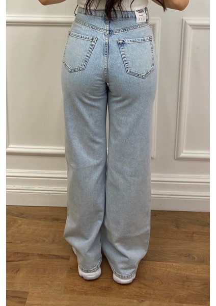 Extra Yüksek Bel Likralı Kar Yıkamalı Wide Leg Jean Geniş Paça Kot Pantolon