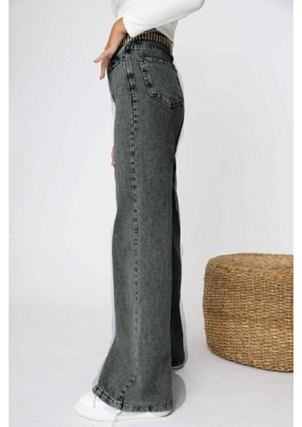 Kadın Füme Kar Yıkamalısüper Yüksek Belgeniş Paça Jean Likralı Salaş Kot Pantolon (Wide Leg)