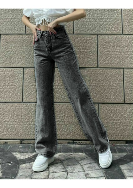 Kadın Füme Kar Yıkamalısüper Yüksek Belgeniş Paça Jean Likralı Salaş Kot Pantolon (Wide Leg)