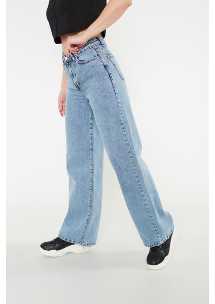 Kadın Kar Yıkama Süper Yüksek Belwide Leg Jeansbol Paça Kot Pantolon(Likralı) fırsatları