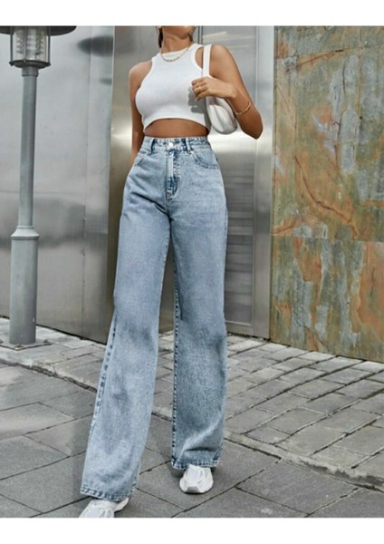 Kadın Morgana Kar Yıkama Likralı Yüksek Bel Bol Paça Kot Pantolon fiyatları