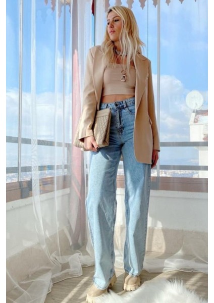 Kadın Azul Kar Yıkama Bol Paça Denim Kot Pantolon