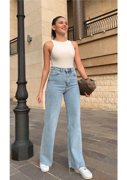 Kadın Anya Mavi Yüksek Bel Bol Paça Denim Kot Pantolon
