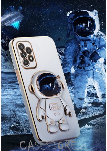 MTK Moveteck Samsung Galaxy A23 Uyumlu Kılıf Kamera Lens Korumalı Astronot Standlı 6d Sevimli Parlak Gold Kenarlı Altın Işlemeli Tarz Silikon Gezegen Uzay Yeni Moda Astronut