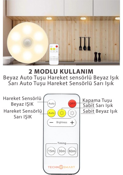 2li Spot LED Kumandalı USB Şarjlı Akıllı Hareket Sensörlü Çift Renk Kablosuz Lamba