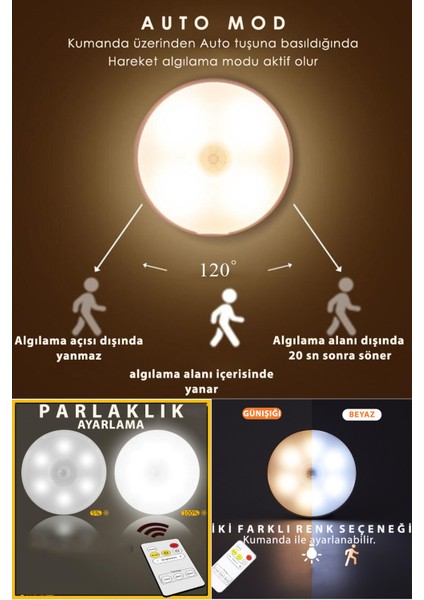 2li Spot LED Kumandalı USB Şarjlı Akıllı Hareket Sensörlü Çift Renk Kablosuz Lamba