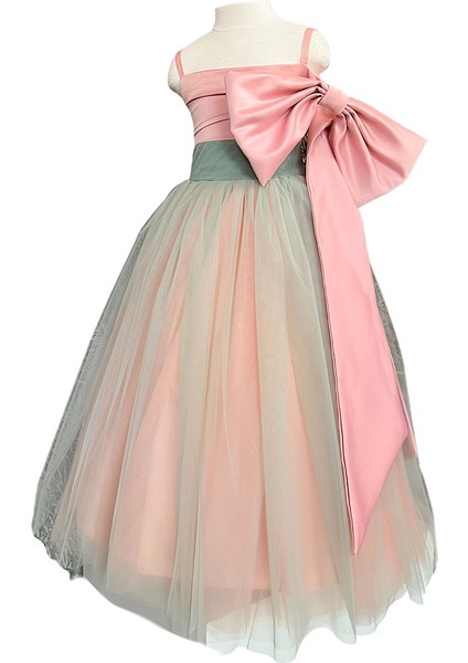 Yeşil Pembe Fiyonklu Kız Çocuk Özel Gün Doğum Günü Abiye Elbise Little Girl Dress Toddler