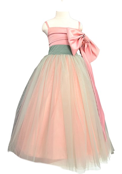 Yeşil Pembe Fiyonklu Kız Çocuk Özel Gün Doğum Günü Abiye Elbise Little Girl Dress Toddler fiyatları