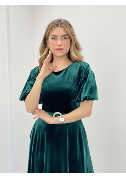 Kadife Kumaş Balon Kol Midi Elbise - Zümrüt Yeşil