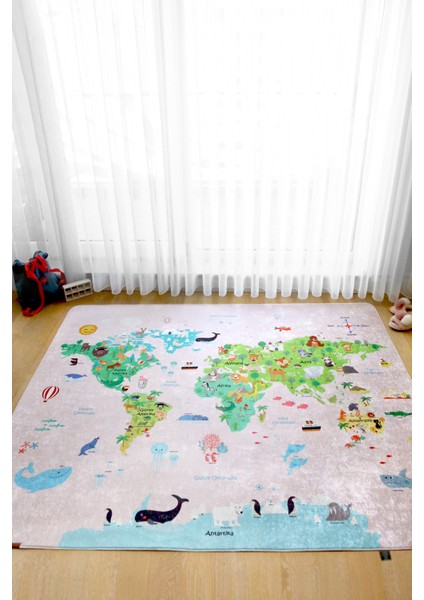 Dünya Haritası 120x160 Cm Oyun Matı Bebek Ve Çocuk Halısı Pembe
