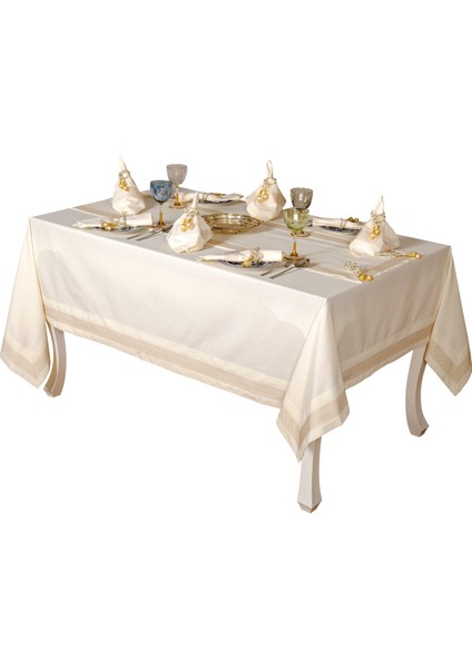 Nazlı Nakışlı Duck Kumaş Krem/Gold Masa Örtüsü, Runner ve Peçeteli Sofra Takımı 8 Kişilik Dikdörtgen 170x240 cm 18 Parça - 176 indirimleri