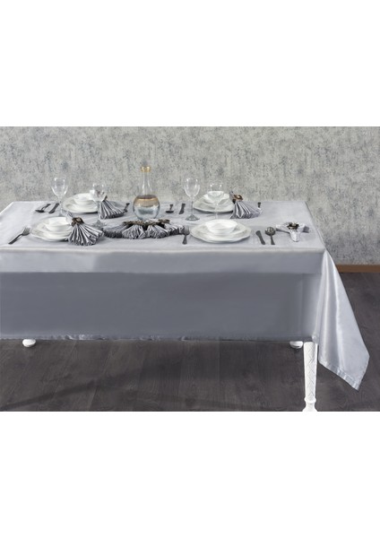 Kristal Monoray Kumaş Açık Gri Masa Örtüsü ve Pudra Çiçekli Peçeteli Sofra Takımı 8 Kişilik Dikdörtgen 160x220 cm 17 Parça - 727