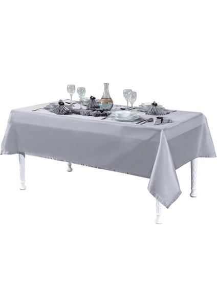 Kristal Monoray Kumaş Açık Gri Masa Örtüsü ve Pudra Çiçekli Peçeteli Sofra Takımı 8 Kişilik Dikdörtgen 160x220 cm 17 Parça - 727 indirimleri