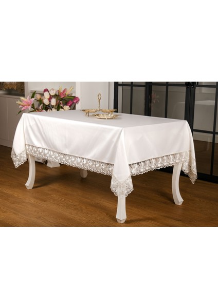 Olga Lüx Gül Dantelli Poly/Bambu Kumaş Krem/Krem Masa Örtüsü Dikdörtgen 160x220 cm - 692