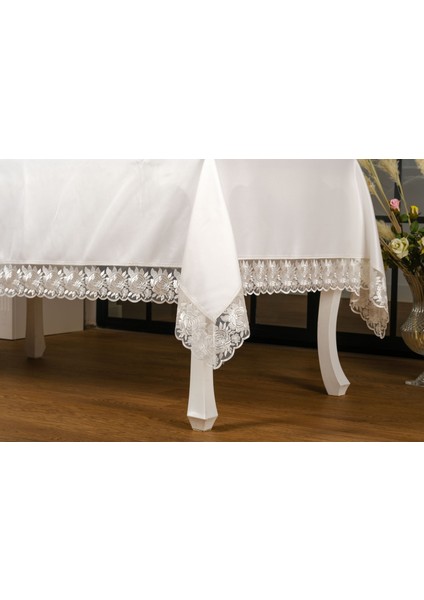Olga Lüx Gül Dantelli Poly/Bambu Kumaş Krem/Krem Masa Örtüsü Dikdörtgen 160x220 cm - 692 modelleri