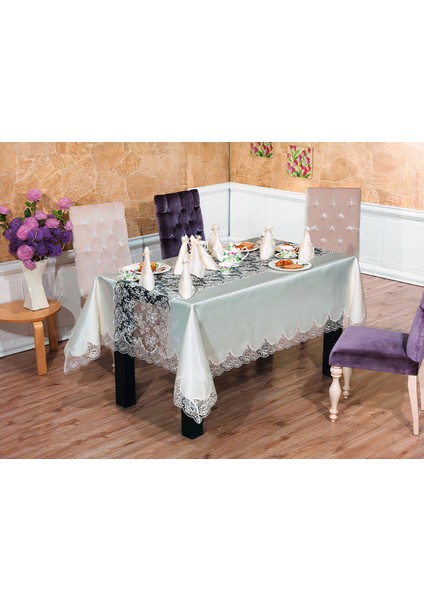 Rosalinda Dantelli Monoray Kumaş Krem Masa Örtüsü , Peçeteli Sofra Takımı 8 Kişilik Dikdörtgen 170x240 cm - 684