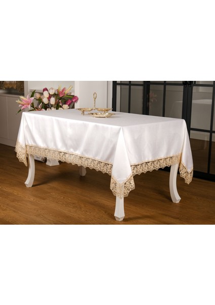 Olga Lüx Dantelli Poly/Bambu Kumaş Krem/Bej Masa Örtüsü Dikdörtgen 160x220 cm - 694