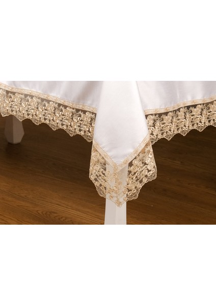 Olga Lüx Dantelli Poly/Bambu Kumaş Krem/Bej Masa Örtüsü Dikdörtgen 160x220 cm - 694