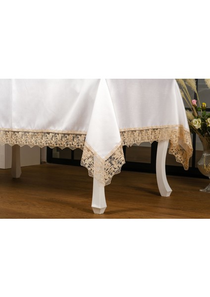 Olga Lüx Dantelli Poly/Bambu Kumaş Krem/Bej Masa Örtüsü Dikdörtgen 160x220 cm - 694
