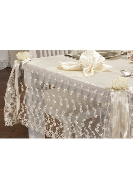 Narin Lüx Dantelli Monoray Kumaş Krem Masa Örtüsü ve Peçeteli Sofra Takımı 8 kişilik Dikdörtgen 160x230 cm 17 Parça - 133