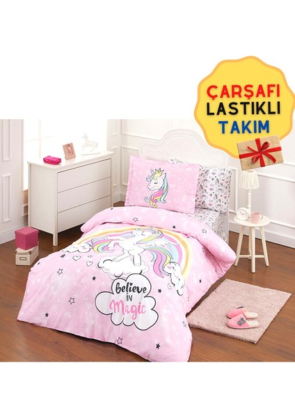 Tek Kişilik Çarşafı Lastikli Nevresim Takımı Unicorn Pembe