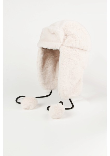 Ekru Ponponlu Kürk Şapka - Peluş Şapka