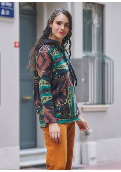 Etnik Desenli Kapüşonlu Sweatshirt Yeşil Turuncu fiyatları