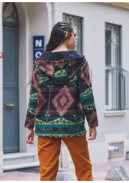 Etnik Desenli Kapüşonlu Sweatshirt Yeşil Turuncu fırsatları
