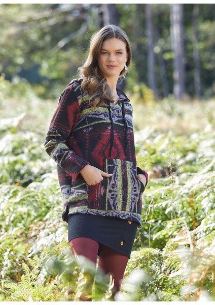 Etnik Desenli Kapüşonlu Sweatshirt Bordo modelleri